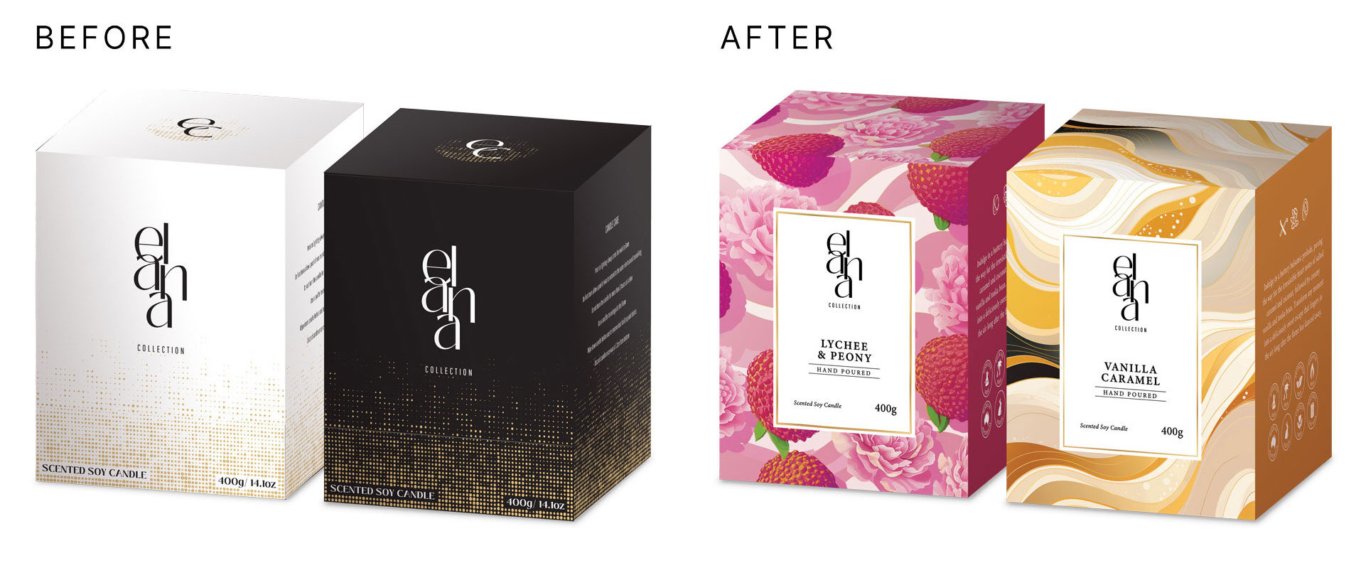 Elana Collection packaging before and after